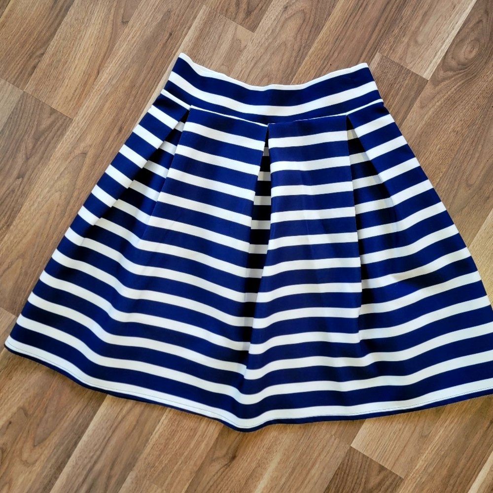 NWOT Navy blue and cream striped flare satin skirt